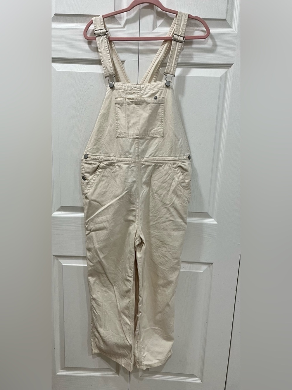 Everlane Women's Canvas Overalls in the off-white shade,bone, size 10.